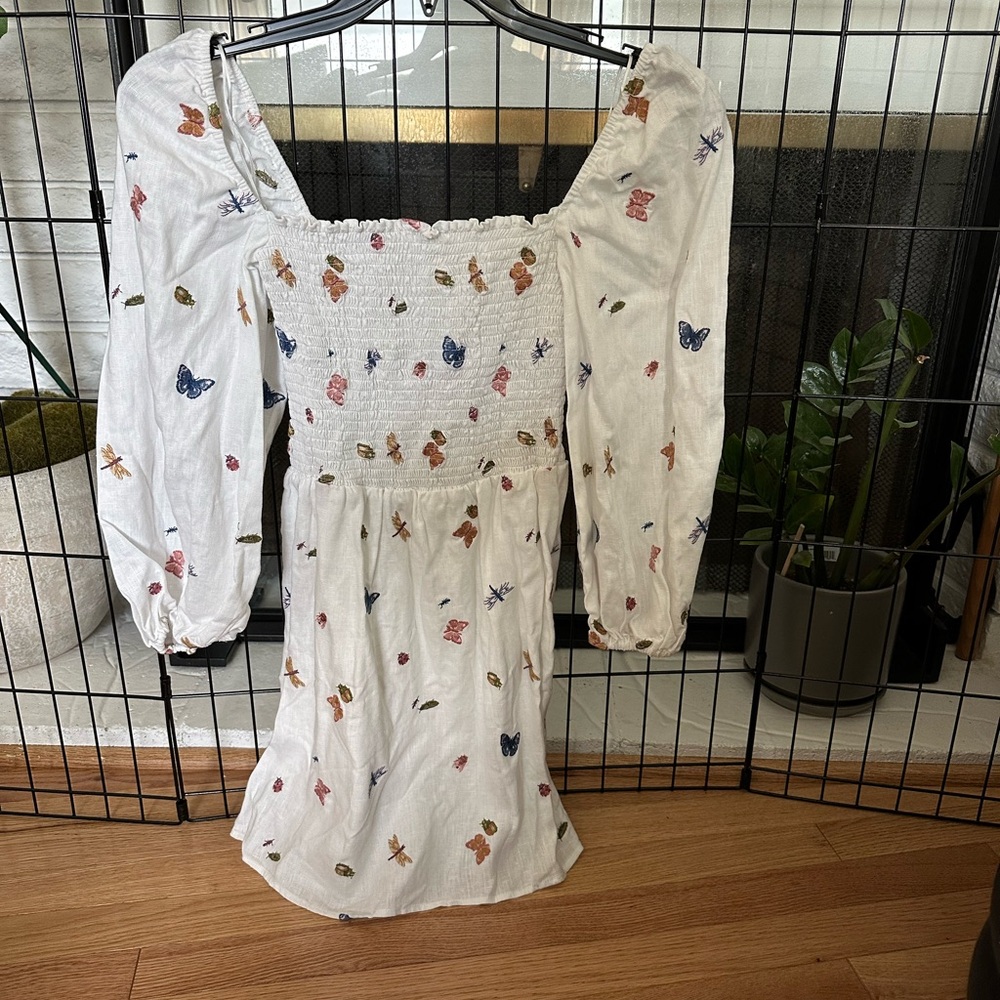 Reformation White Dress with Multicolor Butterfly Accents